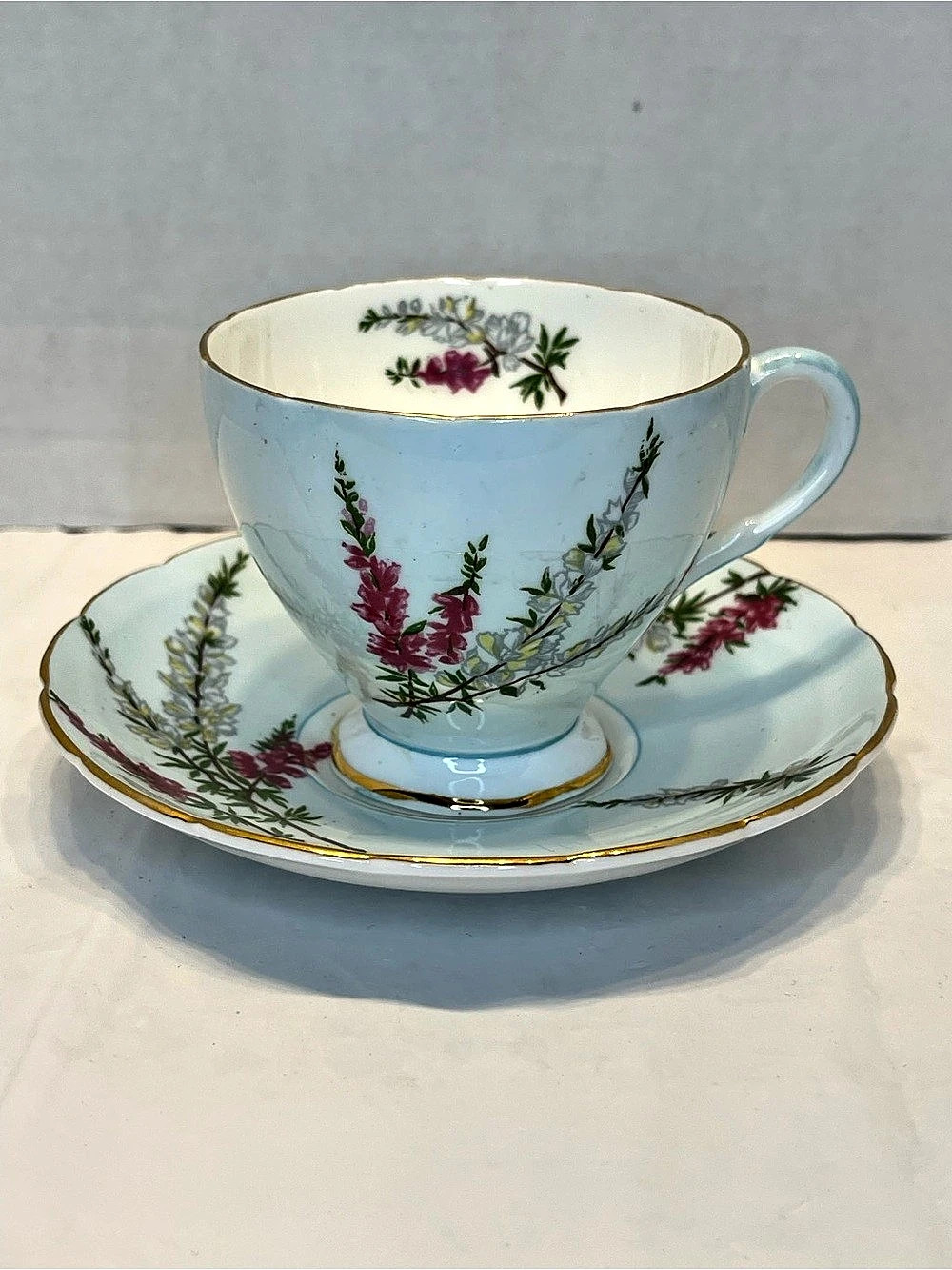 Foley Highland Heather Blue & White Floral Teacup and Saucer Set